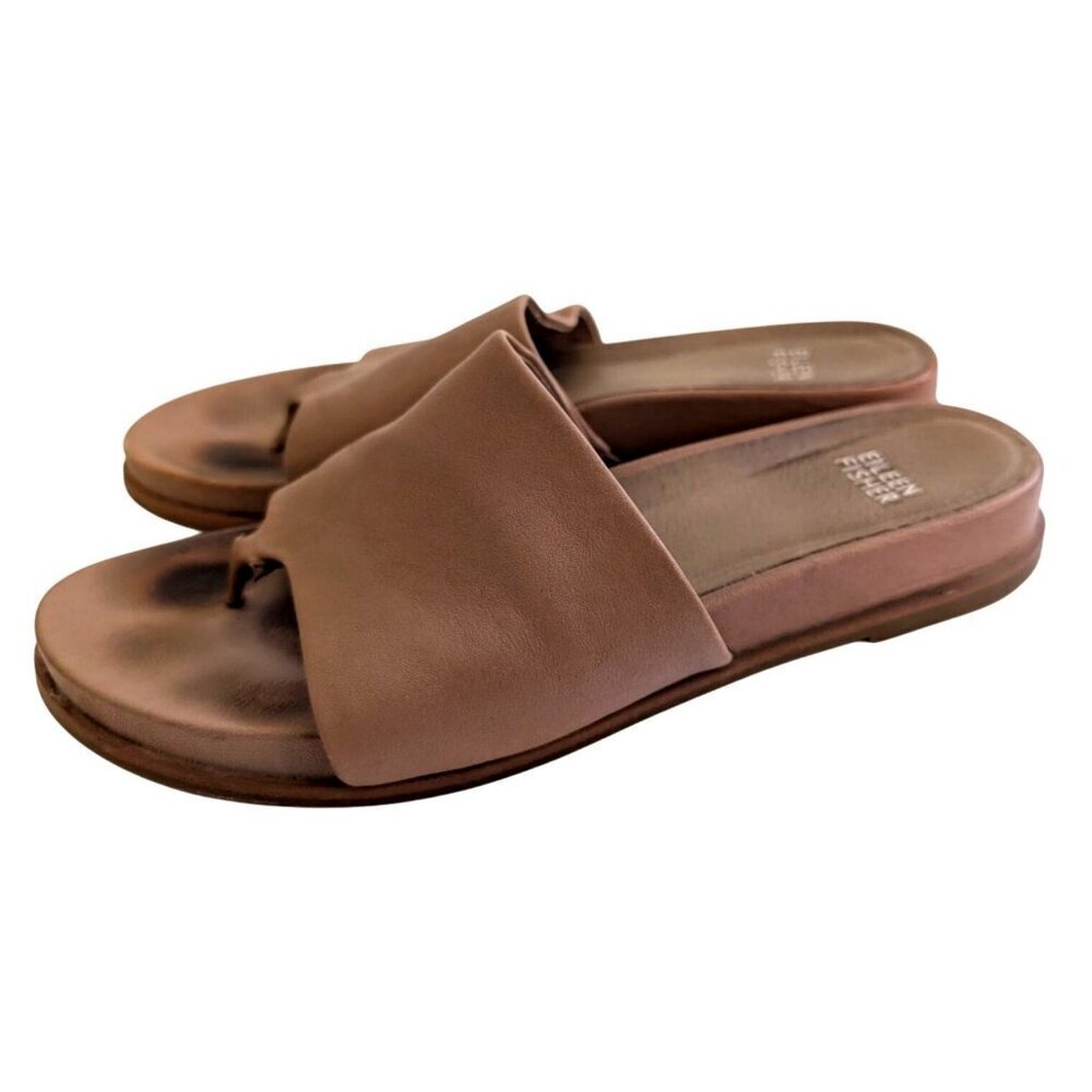 Eileen Fisher Womens Duet Tumbled Brown Leather Slip-On Slides Sandals Size 8